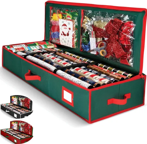 Organizador de papel de regalo de alta calidad, soporte para papel de regalo con bolsillos adicionales para decoraciones navideñas, asas reforzadas,