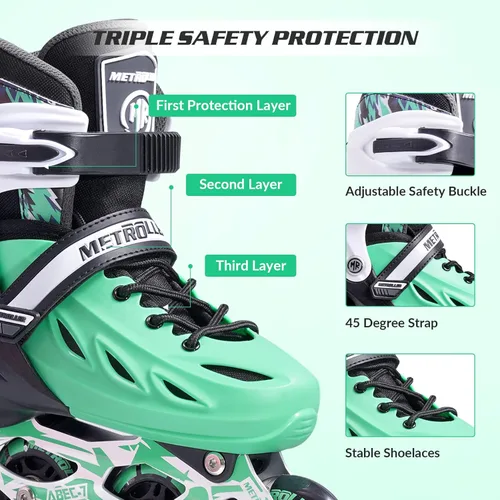 Miniatura 4 de METROLLER Patines en línea para niñas y niños, mujeres, hombres, 4 tallas ajustables, patines en línea con ruedas que se iluminan, patines Menta