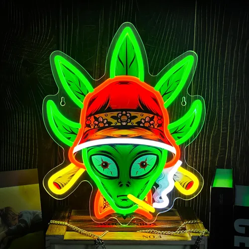 Miniatura 8 de Letreros de neón de alienígena verde con luces LED, luces de neón LED de alienígena fumador con corona, luces de neón LED de alienígena con corona