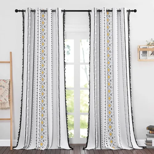 Miniatura 10 de NICETOWN Cortinas bohemias de lino transparente para sala de estar, cortinas semitransparentes de granja con patrón de rayas bohemias, cortinas Gris