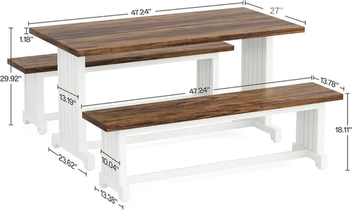 Miniatura 6 de Tribesigns Juego de mesa de comedor de 47 pulgadas para 4, mesa de cocina de 3 piezas con 2 bancos, muebles de cena de madera de granja
