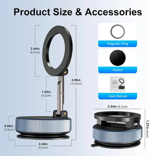 Miniatura 5 de Soporte magnético para teléfono con succión al vacío, soporte magnético ajustable de 360° para teléfono, plegable y retráctil, manos libres con Azul