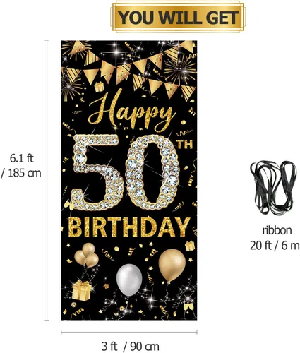 Miniatura 2 de Decoración de cumpleaños número 50 para puerta, decoración de feliz cumpleaños 50 negro y dorado para mujeres y hombres, decoración de póster