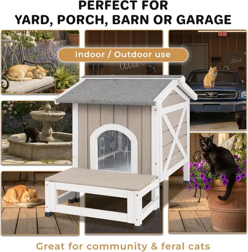 Miniatura 9 de Casa aislada para gatos al aire libre para invierno, refugio de madera resistente a la intemperie para gatos al aire libre y salvajes con puerta