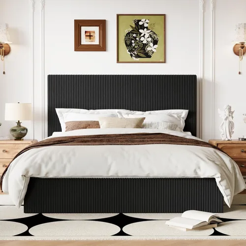 Allewie Base de cama matrimonial, cama tapizada, cabecera capitoné de canal vertical ajustable, tela de pana, perfil bajo moderno, listones de
