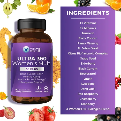 Miniatura 5 de Vitamin World Ultra 360 Multivitamínico para mujeres 50 Plus, multivitamínico para mujeres 50+ con minerales y hierbas para apoyo a la menopausia