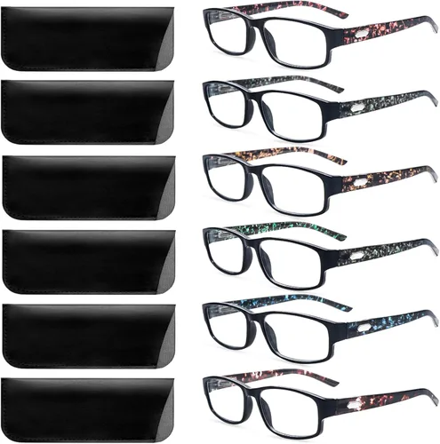 Miniatura 8 de Paquete de 6 lentes de lectura con bloqueo de luz azul, lectores de bisagra de resorte para mujeres y hombres, anteojos anti UV con 6 fundas de cuero
