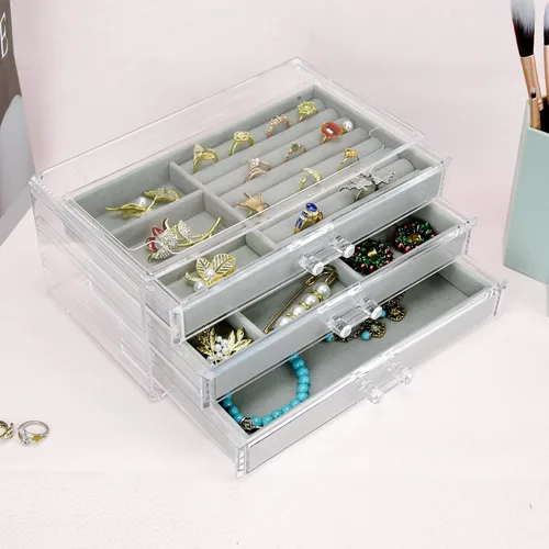 Miniatura 2 de Joyero acrílico con 3 cajones, organizador de joyas de terciopelo, aretes, anillos, collares, pulseras, vitrina, regalo para mujeres y niñas