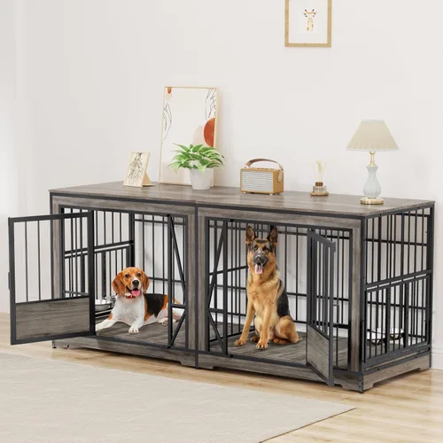 Miniatura 8 de BEURUKU Mueble de jaula para perros XL de 41 pulgadas, perrera mediana para interiores con 2 cuencos ajustables, mesa de jaula para perros de madera