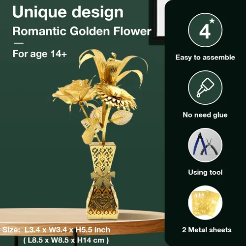 Miniatura 2 de Microworld Rompecabezas de metal 3D, kit de modelos de metal de flores doradas, regalo de bricolaje para adultos, montaje para principiantes