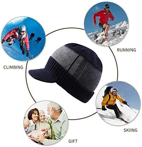 Miniatura 6 de XIAOHAWANG Gorro de invierno para hombre con visera de cable de punto con forro polar de retazos a rayas con ala para deportes al aire libre