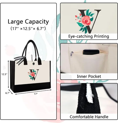 Miniatura 79 de Bolsa de lona con inicial, regalos de cumpleaños personalizados para mujeres, madres, amigas y profesoras, bolsas de mano con monograma adecuadas