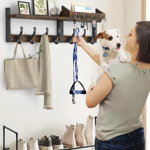 Miniatura 5 de Evermagin Perchero de Pared de 29" con Estante, Perchero y Colgador de Llaves 4 en 1 con 11 Ganchos de Metal, Estante de Entrada Montado en la Pared