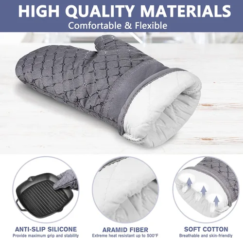 Miniatura 3 de 6 guantes de horno y soportes para ollas, resistentes al calor de 500 ℉ con toallas de cocina, forro de algodón suave y superficie de silicona Gris