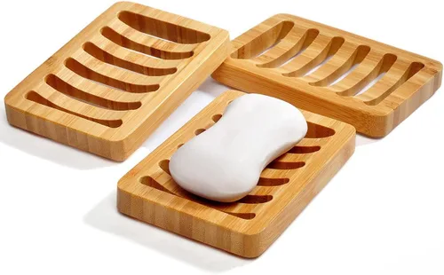 Paquete de 3 jaboneras de madera de bambú portajabones en barra con bandeja de drenaje automático, drenaje natural tipo cascada, ahorrador de jabón