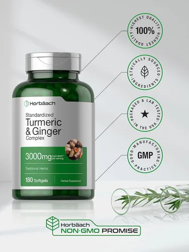 Miniatura 5 de Horbäach Suplemento de cúrcuma y jengibre 3000 mg 180 pastillas de gel blando con extracto de pimienta negra Suplemento sin OMG, sin gluten