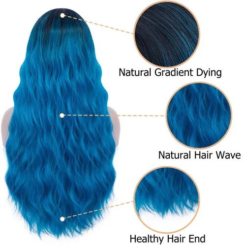Miniatura 2 de Mildiso - Peluca de cabello largo natural ondulado para mujer, color azul de color degradado, perfecto para fiestas, cosplay o uso diario