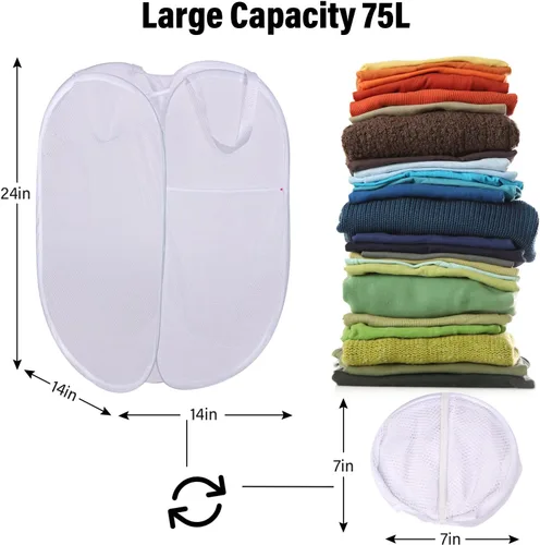 Miniatura 2 de BATTOO Cesta de lavandería emergente de malla fuerte de lujo con bolsillo lateral, cesta plegable para cuarto de lavado, baño, habitación de niños