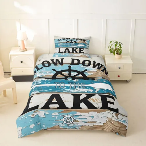 Miniatura 16 de Erosebridal Lake House Twin Bed Set for Boys Girls Kids, Blue and Beige Lakehouse 2Pcs Duvet Cover with Zipper, Rustic Farmhouse Bedding Sets
