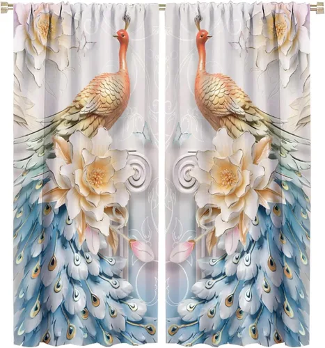 Miniatura 62 de Cortina opaca con estampado de pavo real, con estampado de animales retro, con bolsillo para cortinero y flores de peonía doradas, para dormitorio