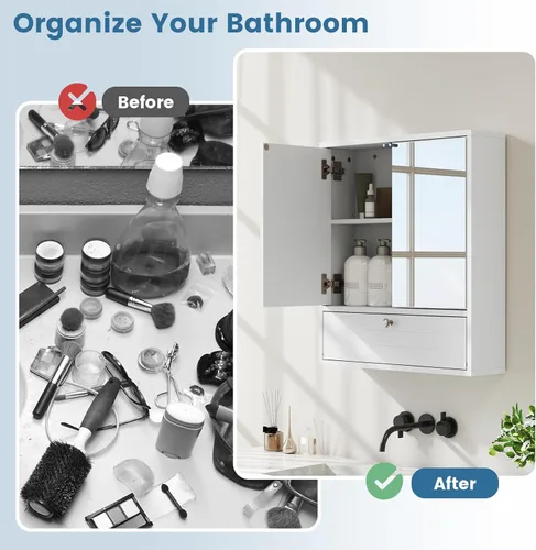 Miniatura 8 de Giantex Armario de baño montado en la pared con espejo organizador de almacenamiento con estante de almacenamiento extraíble, botiquín, blanco