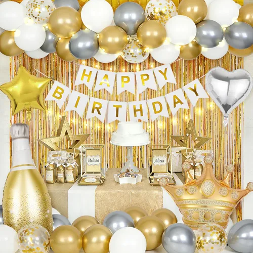 Miniatura 9 de Decoraciones de cumpleaños moradas para mujer con pancarta de feliz cumpleaños, cortinas, mariposa, globos de estrella de corazón y luz LED