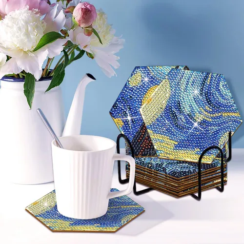 Miniatura 5 de Posavasos de arte de diamante Van Gogh Starry Night, 7 posavasos hexagonales con soporte, pequeños kits de pintura de diamantes para adultos