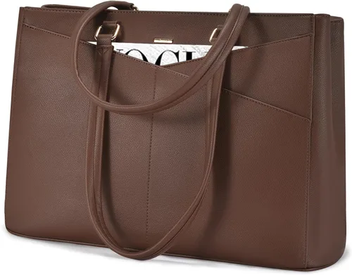Miniatura 20 de LOVEVOOK Bolsa de mano para computadora portátil para mujer, bolsas de trabajo de cuero de 15.6 pulgadas con soporte grande para tazas para Negro