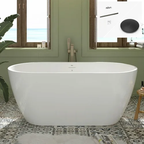 FerdY 59" Bañera de acrílico independiente Bali Elite, bañera independiente de inmersión con forma elegante, certificada cUPC, desagüe negro Toe-Tap