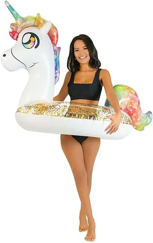 PoolCandy Tubos inflables de piscina de animales de 42 pulgadas y anillos de natación (unicornio arcoíris con purpurina inflable de 42 pulgadas tubo