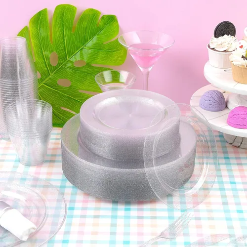 Miniatura 5 de DaYammi Juego de vajilla de 350 piezas con purpurina plateada, 50 invitados para fiesta, 50 platos llanos, 50 platos de postre, 50 servilletas