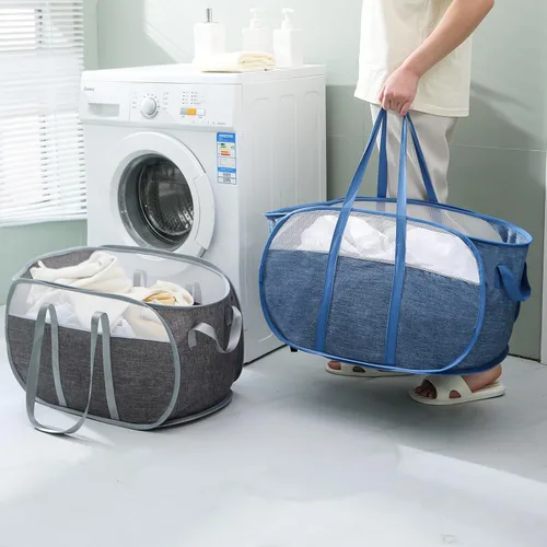 Miniatura 2 de MOOMASS Cesta de lavandería plegable, de malla, con correas extendidas para los hombros, asas resistentes y tela catiónica de primera calidad (azul)