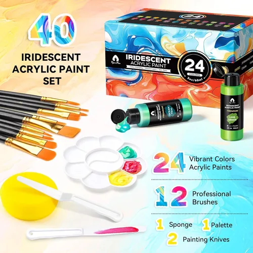 Miniatura 2 de Juego de pintura acrílica iridiscente de 40 piezas con 12 pinceles, 2 cuchillos y paleta, 24 colores (2 onzas/60 ml) - para adultos, artistas