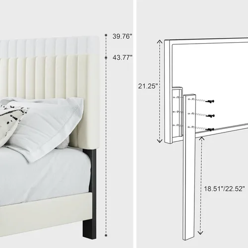 Miniatura 6 de Marco de cama tamaño completo, cama de plataforma tapizada en terciopelo con cabecera acolchada ajustable, marco resistente y listones, sin ruido