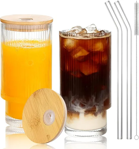 Miniatura 17 de Vasos de vidrio vintage con tapas y pajitas de bambú de 16 onzas, vaso vintage en relieve floral tazas de vidrio para whisky, cerveza, tazas de café