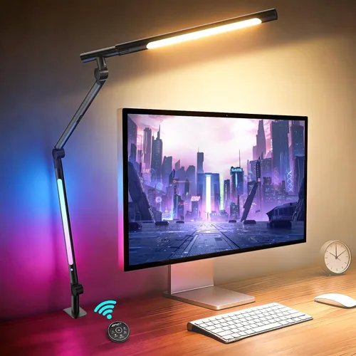 Miniatura 8 de Lámpara de escritorio LED con abrazadera, luz doble ajustable y control remoto, luz de rompecabezas para mesa sin deslumbramiento, 4 modos