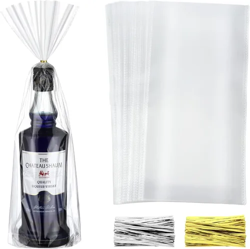 Gersoniel Bolsas de celofán transparente de 8 x 16 pulgadas, bolsas de regalo de celofán transparente con 200 piezas de giros dorados y plateados