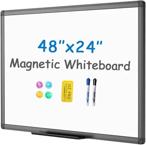 Miniatura 2 de VIZ-PRO Pizarra blanca magnética/pizarra de borrado en seco con marco de aluminio negro, 48 x 24 pulgadas, con 1 borrador, 4 imanes y 14 marcadores