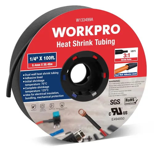 WORKPRO Tubo termorretráctil de 100 pies y 1/4 de pulgada, relación 3:1, tubo de envoltura retráctil de alambre térmico de doble pared con