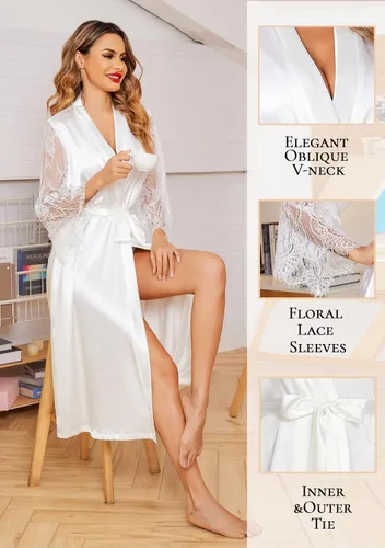 Miniatura 2 de Avidlove Bata tipo kimono de encaje floral para mujer, de manga larga, bata de baño, bata de novia