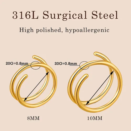 Miniatura 12 de 2 Pairs Double Hoop Earrings, Gold Cartilage Earrings for Women, Small Silver Helix Piercing Jewelry,Spiral Nose Ring Tiny Twist Earrings as Gift