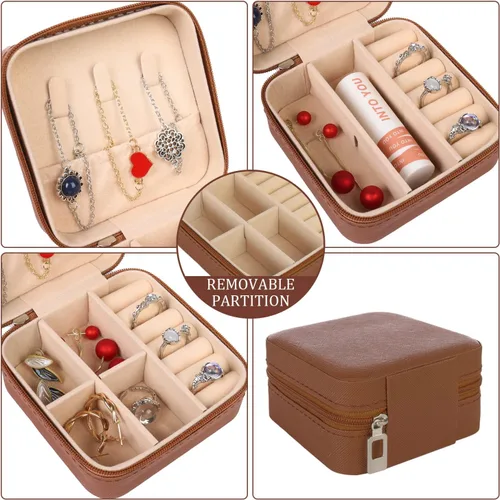 Miniatura 5 de KElofoN Organizador de joyas de viaje, joyero de viaje, caja organizadora de joyas pequeña para niñas y mujeres (1, marrón)