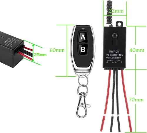 Miniatura 6 de Interruptor de control remoto de 12 V, mini interruptores inalámbricos de 2 vías, relé CC de 12 V/24 V/48 V/10 A con alcance largo de 328 pies