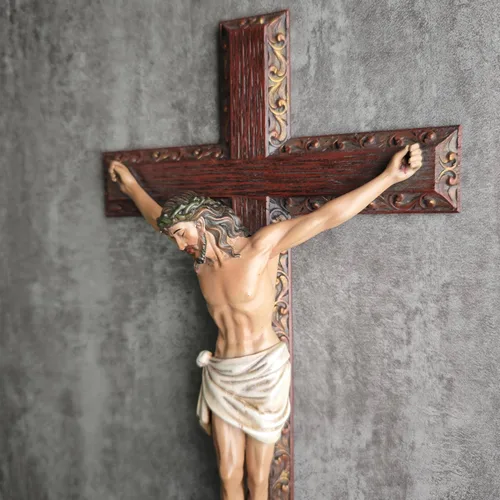 Miniatura 2 de Crucifijo católico BC de pared, cruz de Jesucristo, regalo religioso devoto, aspecto tallado en madera, 12 pulgadas de alto, pintado a mano por