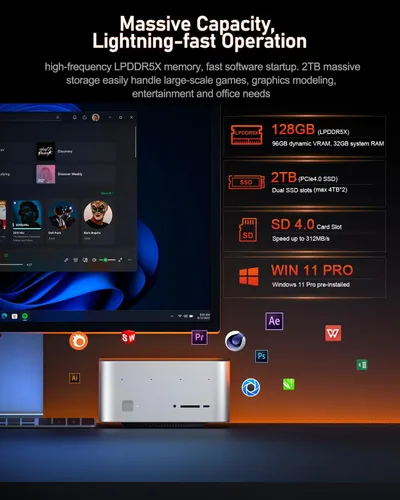 Miniatura 5 de Beelink Mini PC, GTR9 Pro AMD Ryzen AI Max+ 395 CPU (126 Tops), 128GB RAM 2TB Crucial SSD, Mini Computadora Win11 Pro/10GbE Dual LAN/WiFi 7+BT5.4/8K
