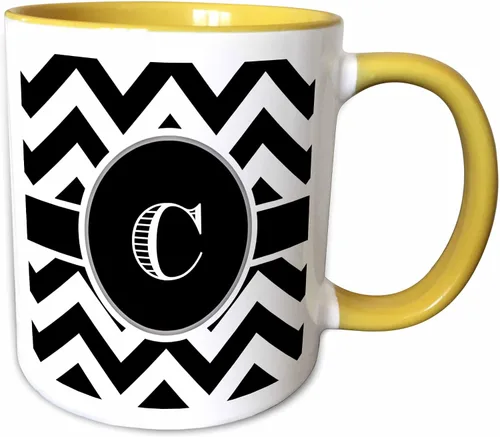 Miniatura 11 de 3dRose Taza verde bicolor con monograma de cheurón en blanco y negro con inicial C de 11 oz