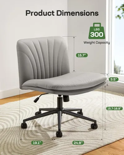 Miniatura 2 de Marsail Silla de escritorio sin brazos con ruedas: Silla amplia de cuero sintético con piernas cruzadas, silla giratoria ajustable y cómoda