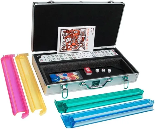 Miniatura 2 de American Mah Jongg Set by White Swan - 166 azulejos grabados blanco/azul - 4 bastidores todo en uno - Caja de aluminio - Plata