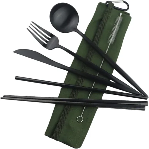 Miniatura 21 de Utensilios de viaje reutilizables, 7 piezas portátiles de acero inoxidable 304, incluyendo cuchillo, tenedor, cuchara, palillos, cepillo