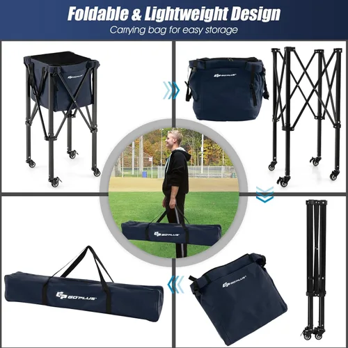 Miniatura 6 de Goplus Tolva plegable para pelotas de tenis, cesta de aluminio ligera con ruedas, bolsa extraíble, bolsillos laterales, bolsa de transporte, carrito